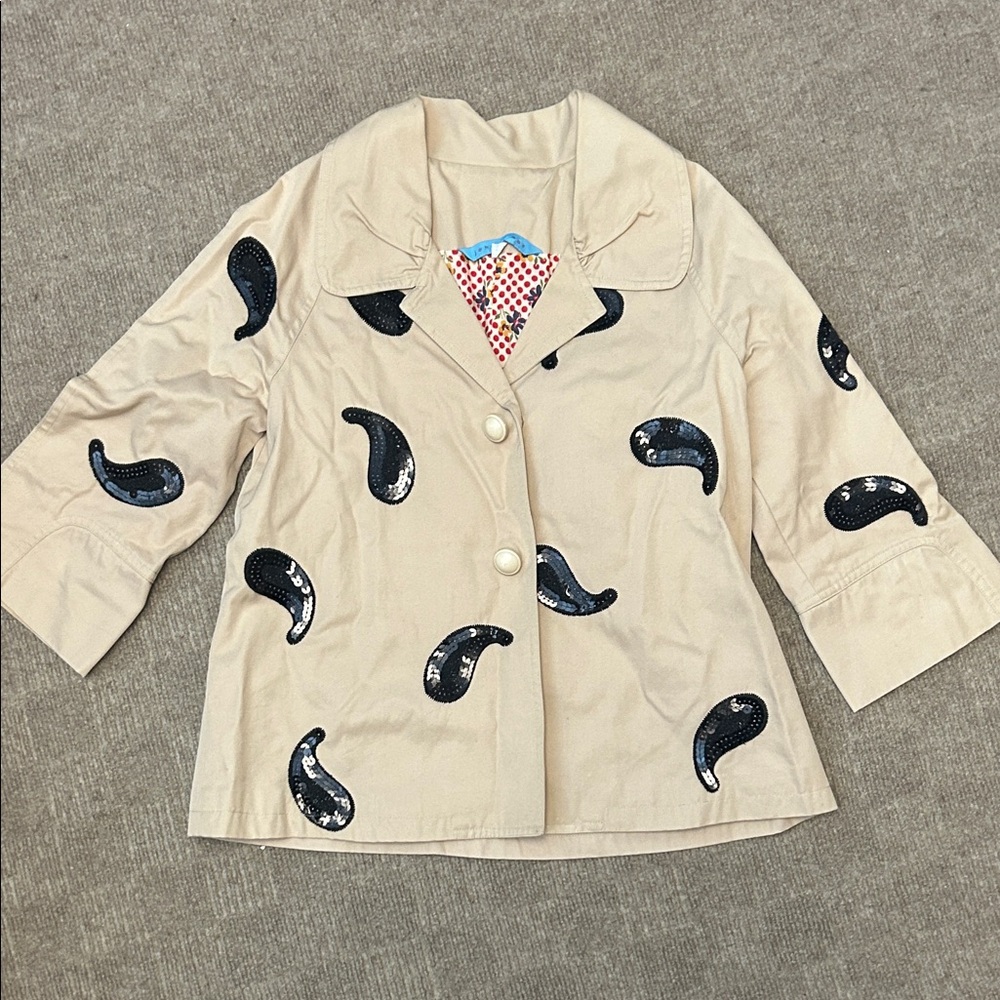 Johnny Was Tan Trench Coat with Black Sequin Paisley